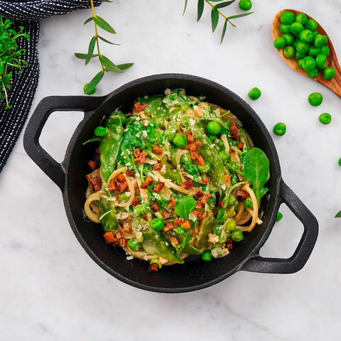 Grüne Carbonara mit Kamut-Spaghetti