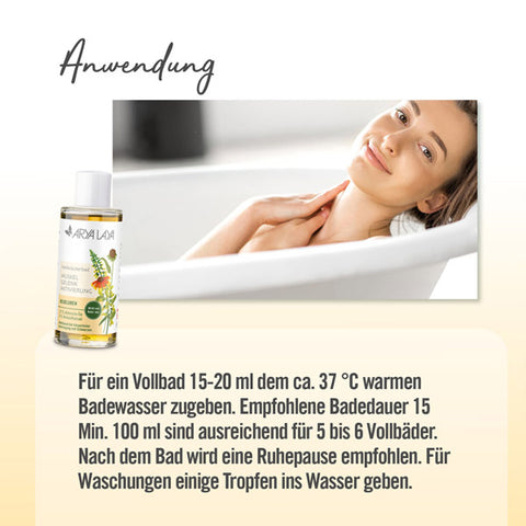 Beschreibungsbild der Anwendungen des Arya Laya Heilkräuterbad Heublume